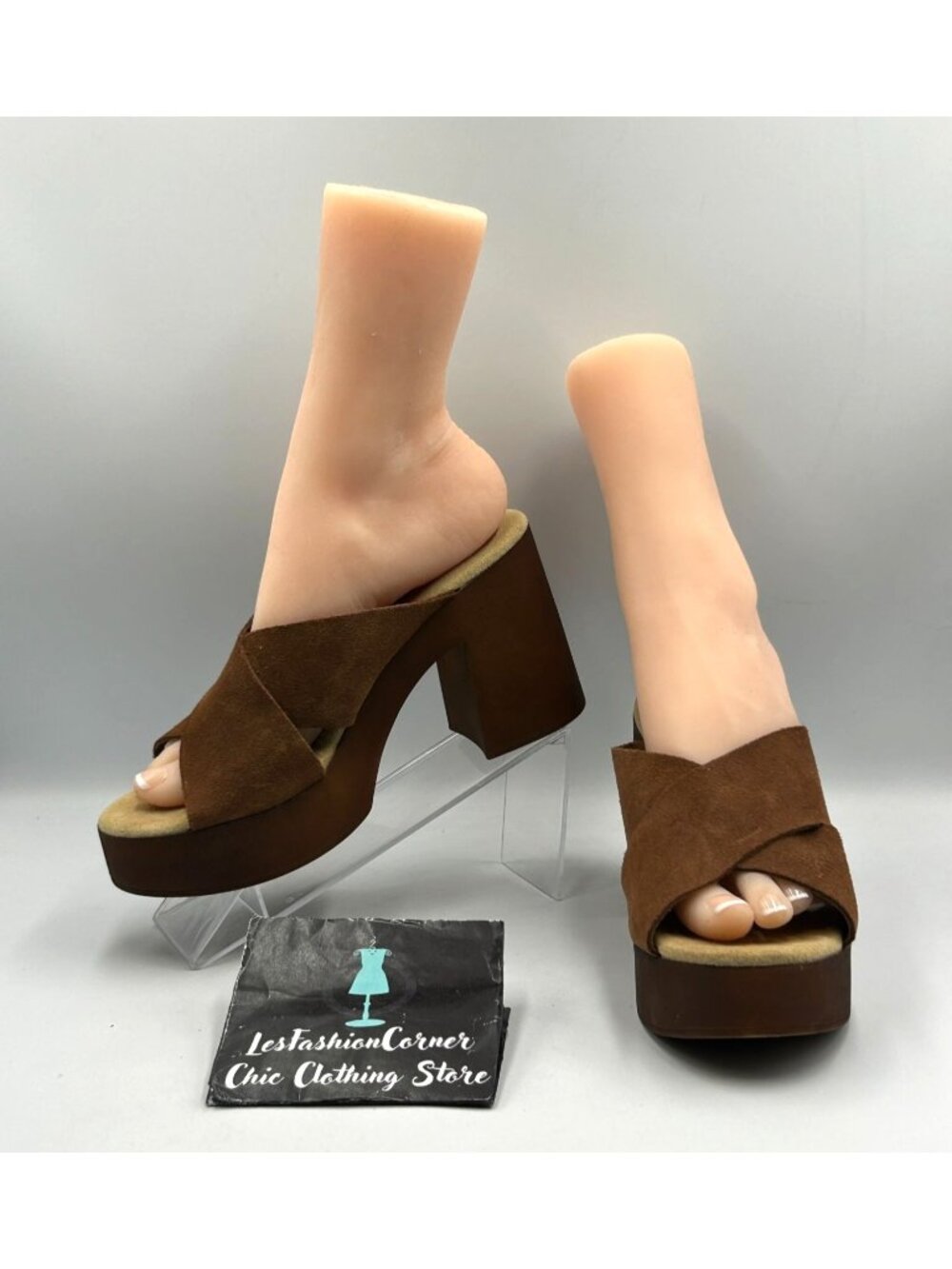 NWOB Bionatura Brown Suede Leather Cross-Strap Platform Heeled Sandals Sz 8 3533